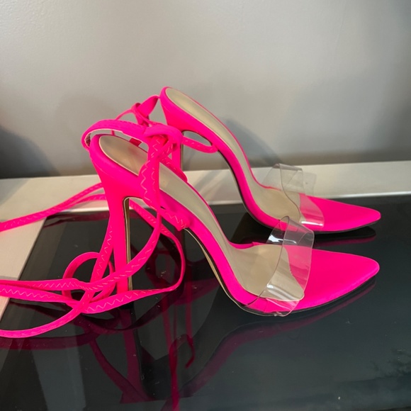 Hot Pink clear toe strap tie up high heels - Picture 2 of 4